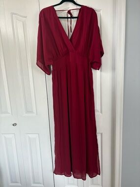 Deep Burgundy V-Neck Maxi Dress with Back Tie